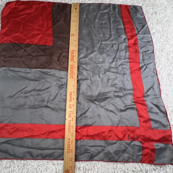 Echo Silk Scarf 26" Square Gray Red Geometric Colorblock Lightweight - Picture 4 of 5
